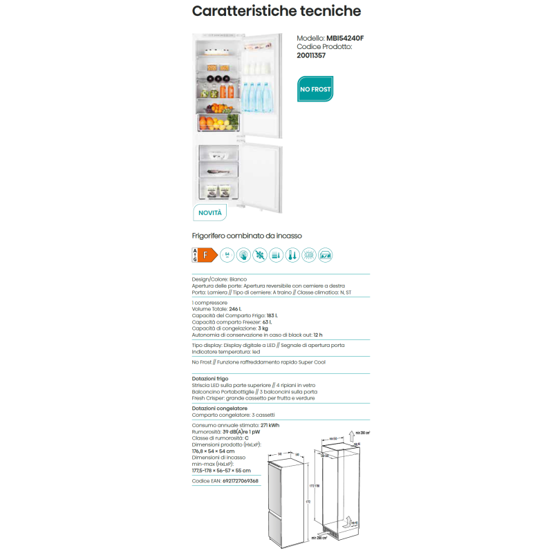 HISENSE RIB317N4AWE Frigorifero combinato da incasso da 60 cm 244 lt cerniera a DX Total No Frost classe E bianco Fino al 50% di sconto