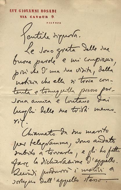 Abebooks Lettera manoscritta autografa firmata su due facciate su carta intestata Avv. Giovanni Rosadi via Cavour 9 Firenze. Datata Firenze 22. VIII. 1. destinataria non esplicitata: "Gentile Signora le sono grato delle sue buon Latest fashion