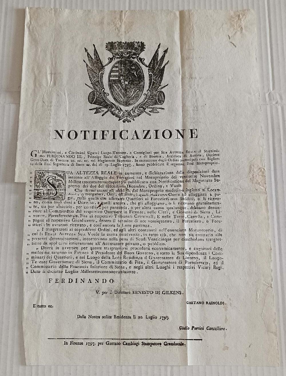 Abebooks NOTIFICAZIONE Disposizioni Alloggio Forestieri Firenze Portoferrario Pisa 1797 Affare Del Giorno