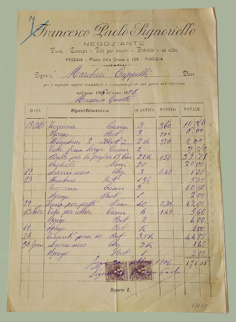 Abebooks Fattura Negoziante Funi Canape Tele Petrolio Foggia 1905 ai Marchesi Cappelli Sottocosto