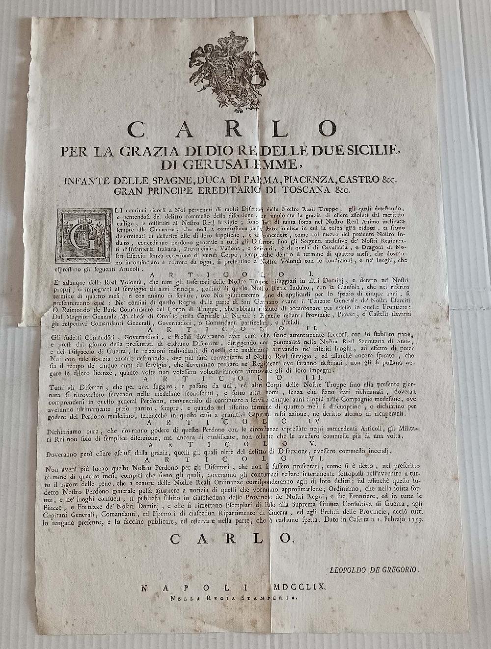 Abebooks Editto Articoli Real Indulto Disertori CARLO Napoli 1759 Napoli Regia Stamperia Sconto