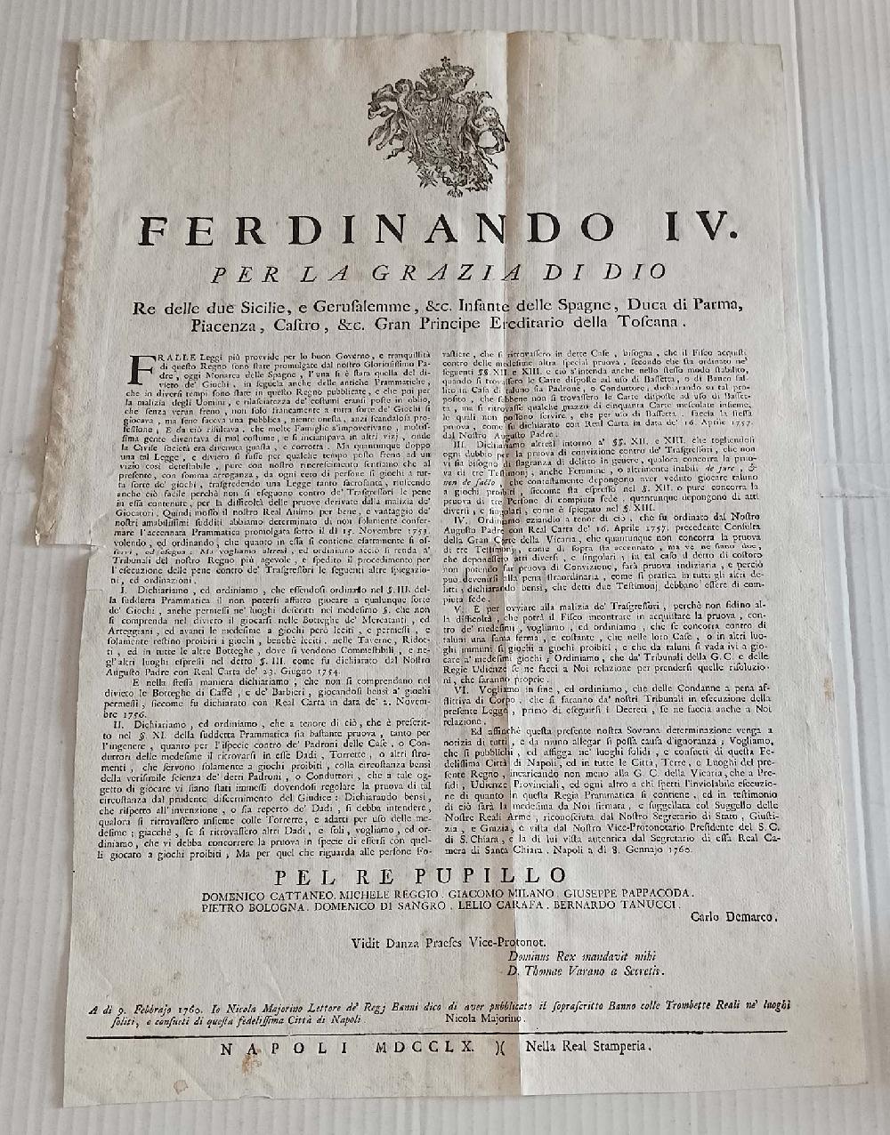 Abebooks Ferdinando IV Legge divieto di Giochi proibiti Bando Napoli 1760 Majorino Offerta